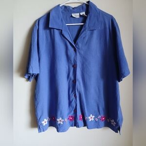  Kim Rogers Linen Blend Embroidered Floral Shirt Size 1X